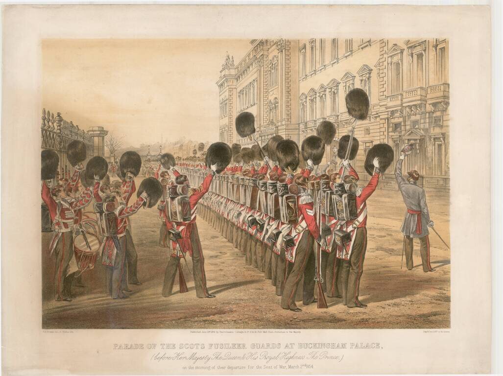 Parade of the Scots Fusileer Guards at Buckingham Palace, (before her Majesty the Queen, & His Royal Highness, The Prince) on the Morning of their departure for the Seat of War, March 2nd, 1854