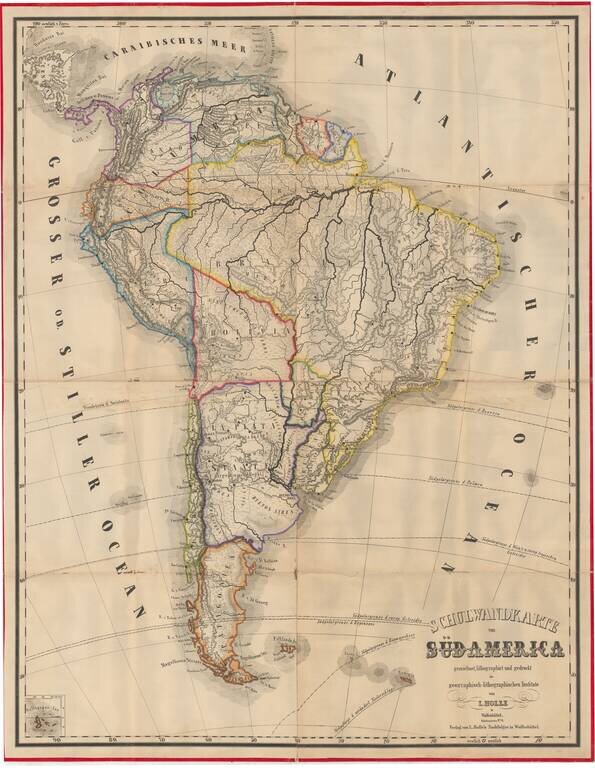 (Wall Map of South America)  Schulwandkarte von Sud-Amerika gezeichnet und lithographirt von L. Holle . . .