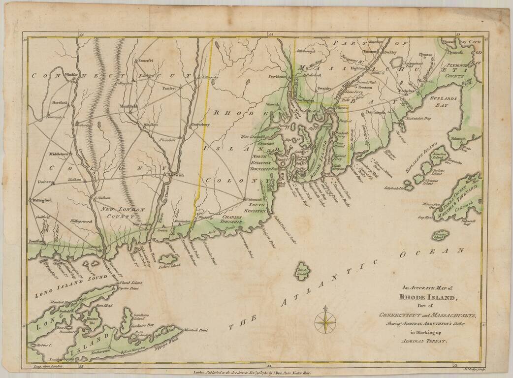 An Accurate Map of Rhode Island, Part of Connecticut and Massachusetts, Shewing Admiral Arbuthnot's Station in Blocking Up Admiral Ternay