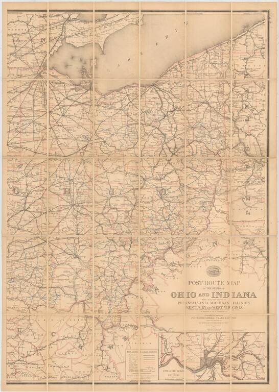 [Eastern Sheet -- Ohio]  Post Road Map of the States of Ohio and Indiana with Adjacent Parts of Pennsylvania Michigan Illinois Kentucky and West Virginia Showing Post Offices With The Intermediate Distances and Mail Routes In Operation On the !st of Febru