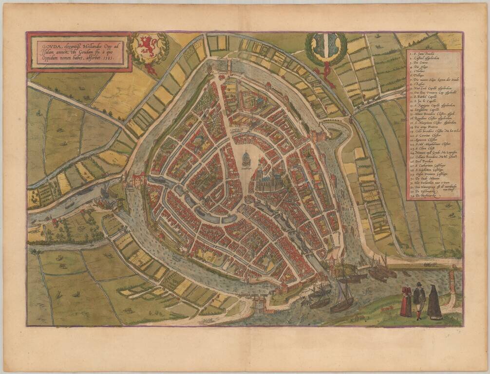 Gouda, elegantiss Hollandiae .Opp. ad Isalam amnem, ubi Goudam flu. à quo Oppidum nomen habet, absorbet. 1585