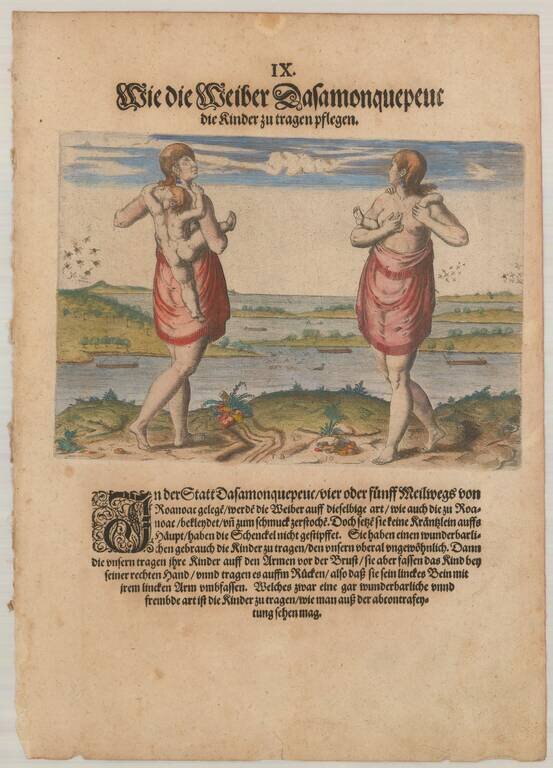 (Virginia Indians:  Indian Woman with Child)   Wie die Weiber von Dafamonguepeuc die kinder zu tragen pflegen.