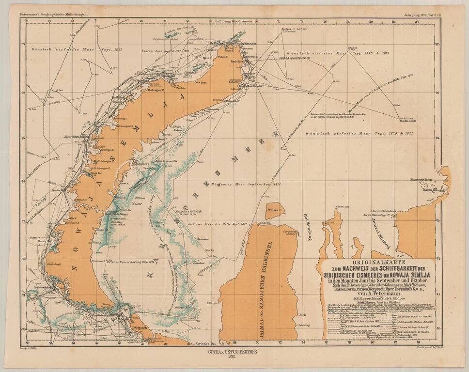 Originalkarte zum Nachweis der Schiffbarkeit des Sibirischen Eismeers uin Mowaja Semlja in den Monaten Juni bis September und Oktober . . .