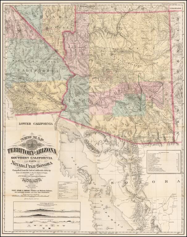 New Map of the Territory of Arizona Southern California and Parts of Nevada, Utah and Sonora Compiled from the latest authentic data by Lietenant J.C. Mallery, A.M., US. Engineers Corps, and J.W. Ward, Civil & Topographical Engineer.  1876-77
