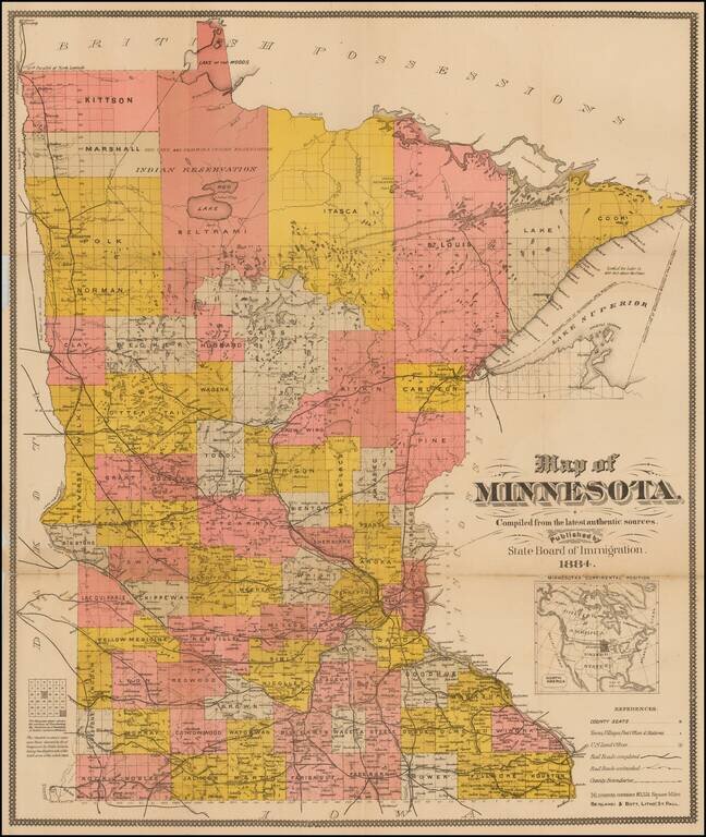 Map of Minnesota, Compiled from the latest authentic sources.  Published by State Board of Immigration.  1884.