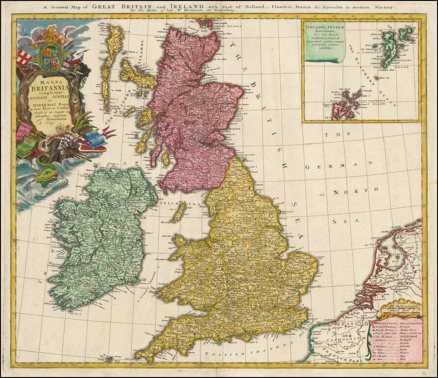 Magna Britannia complectens Angliae, Scotiae et Hyberniae Regna in suas Provincias et Comitatus divisa . . . / A General Map of Great Britain and Ireland with Part of Holland, Flanders, France &c. Agreable to modern History