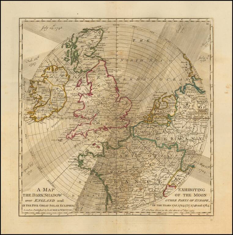 A Map Exhibiting the Dark Shadow of the Moon over England and Other Parts of Europe, In the Five Great Solar Eclipes, Of the Years, 1715, 1724, 1737, 1748 and 1764 . . .