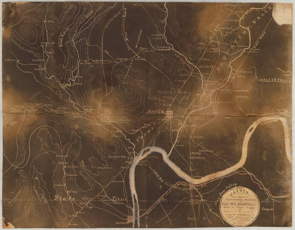 Jasper and Vicinity from General Information by Capt W.E. Merrill, Chief of Topograpical Engineers Printed in the Field by Capt. William Margedant's Quick Method for Field Map Printing. July 24, 1863