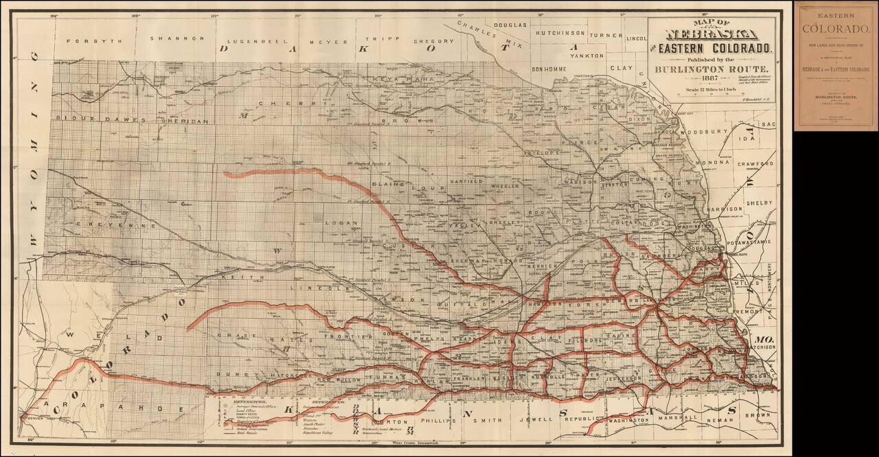 Map of Nebraska and Eastern Colorado Published by the Burlington Route.  1887.  (with original Promotional Pamphlet)