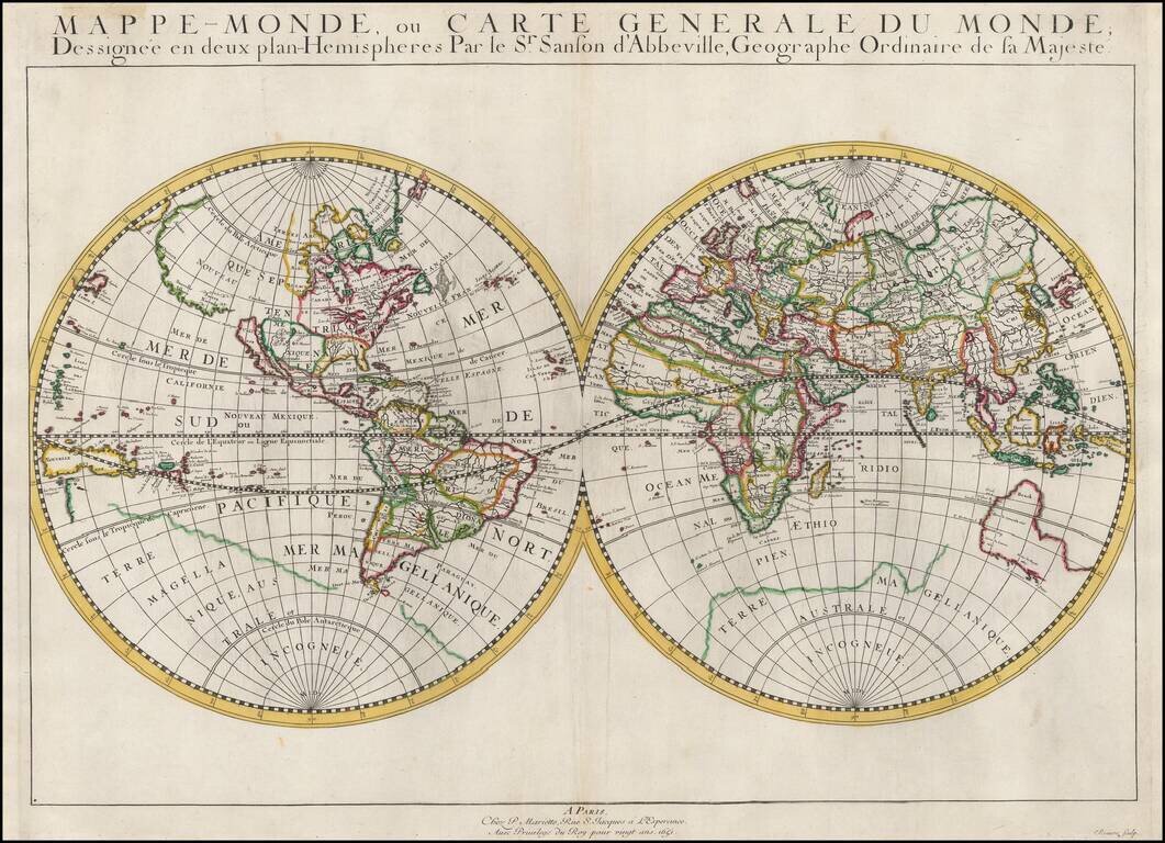 Mappe-Monde, ou Carte Generale Du Monde; Dessignee en deux plan-Hemispheres par le Sr. Sanson d'Abbeville, Geographe Ordinaire de la Majeste . . . 1651