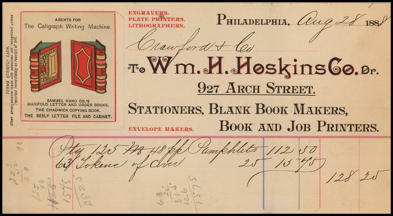 Wm. H. Hoskins Co. Engravers, Plate Printers, Lithographers -- Agents For The Caligraph Writing Machine -- Printed Invoice