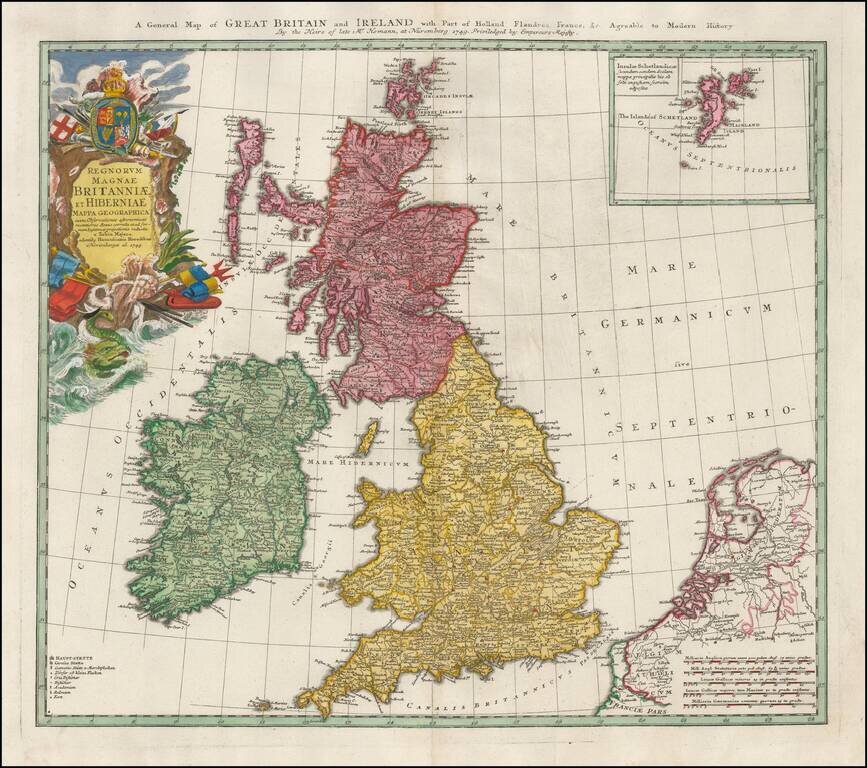 Regnorum Magnae Britanniae et Hiberniae Mappa Geographica . . . 1749 / A General Map of Great Britain and Ireland with Part of Holland, Flanders, France &c. Agreable to modern History