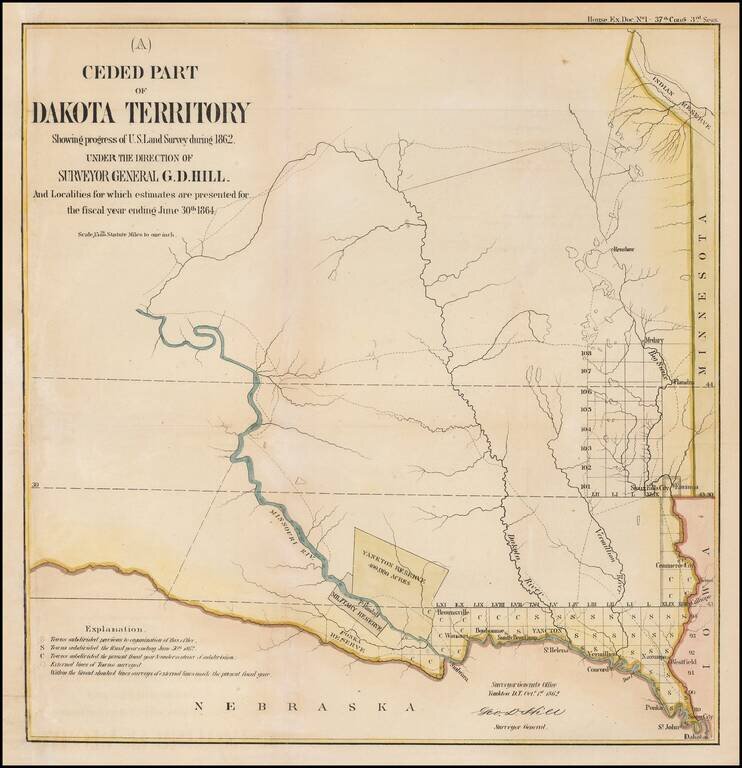 Ceded Part of Dakota Territory Showing Progress of US Land Survey during 1862 Under The Direction of Surveyor General G.D. Hill . . . 1864