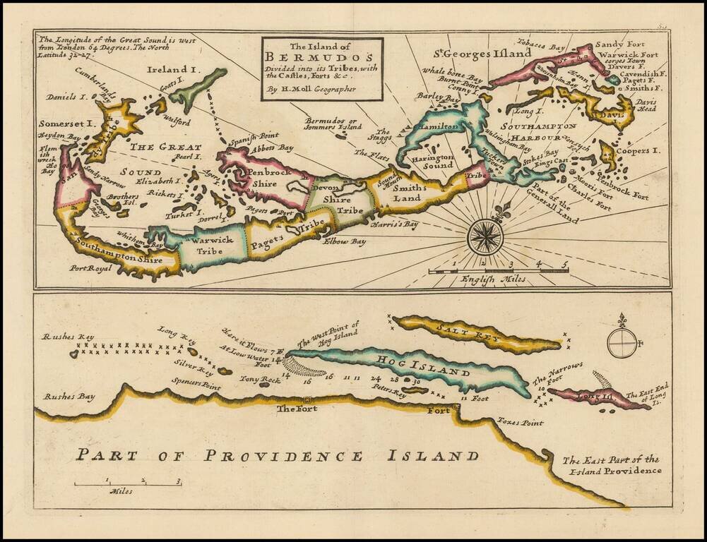 The Island of Bermudos, Divided into its Tribes, with the Castles, Forts &c. . . .  (with)  Part of Providence Island -- (Bahamas)