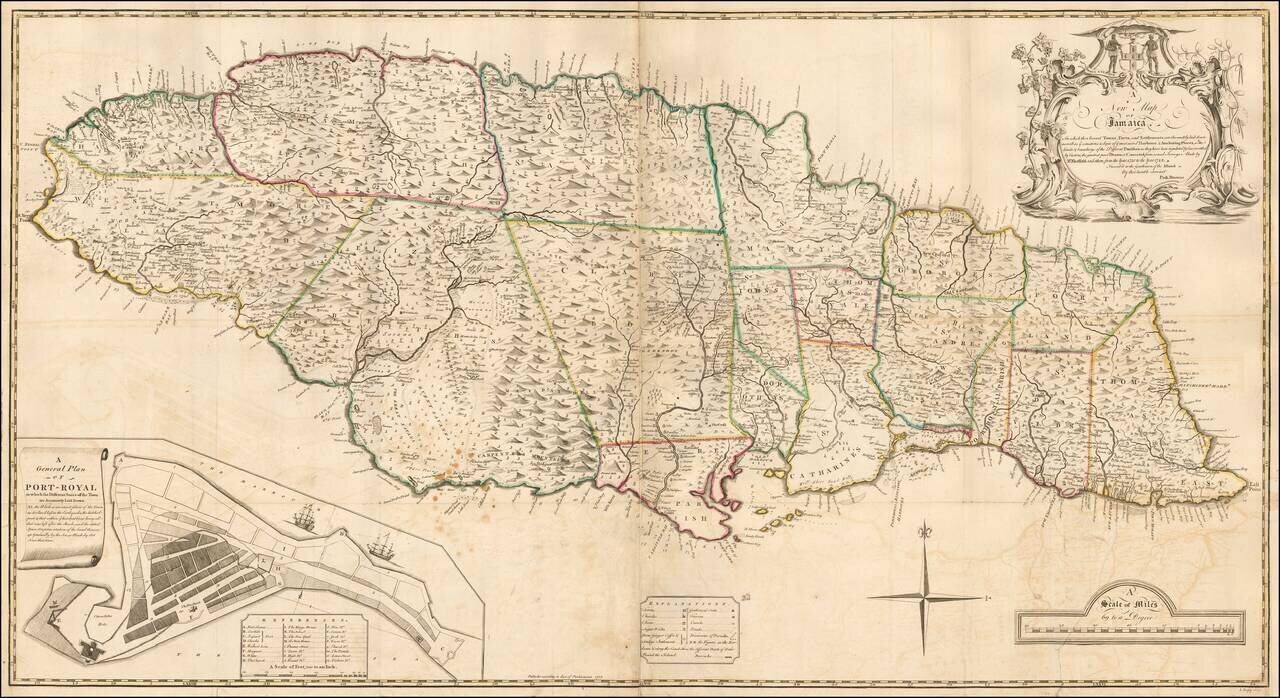 A New Map of Jamaica.  In which the Several Towns, Forts, and Settlements are Accurately laid down as well as ye situations & depts of yet most noted Harbours & Anchoring Places, with the limits & boundarys . . . Made by Mr. Shefield and others from the Y