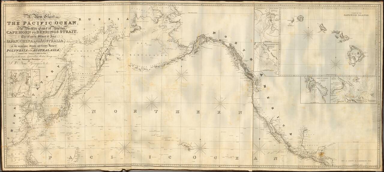 A New Chart of The Pacific Ocean, Exhibiting The Western Coast of America from Cape Horn to Beerings Strait, The Eastern Shores of Asia Including Japan, China . . . according the most Modern Surveys . . . Additions to 1836 & 1844 (Large Insets of Hawaii, 