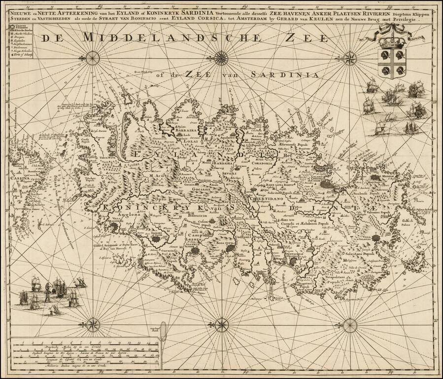 Nieuwe en Nette Afteekening van het Eyland of Koninkryk Sardinia vertoonende alle desselfs Zee Havenen Anker Plaetsen Rivieren Dieptens Klipen Steeden en Vastigheeden als mede de Straet van Bonifcaio aent Eyeland Corsica . . .