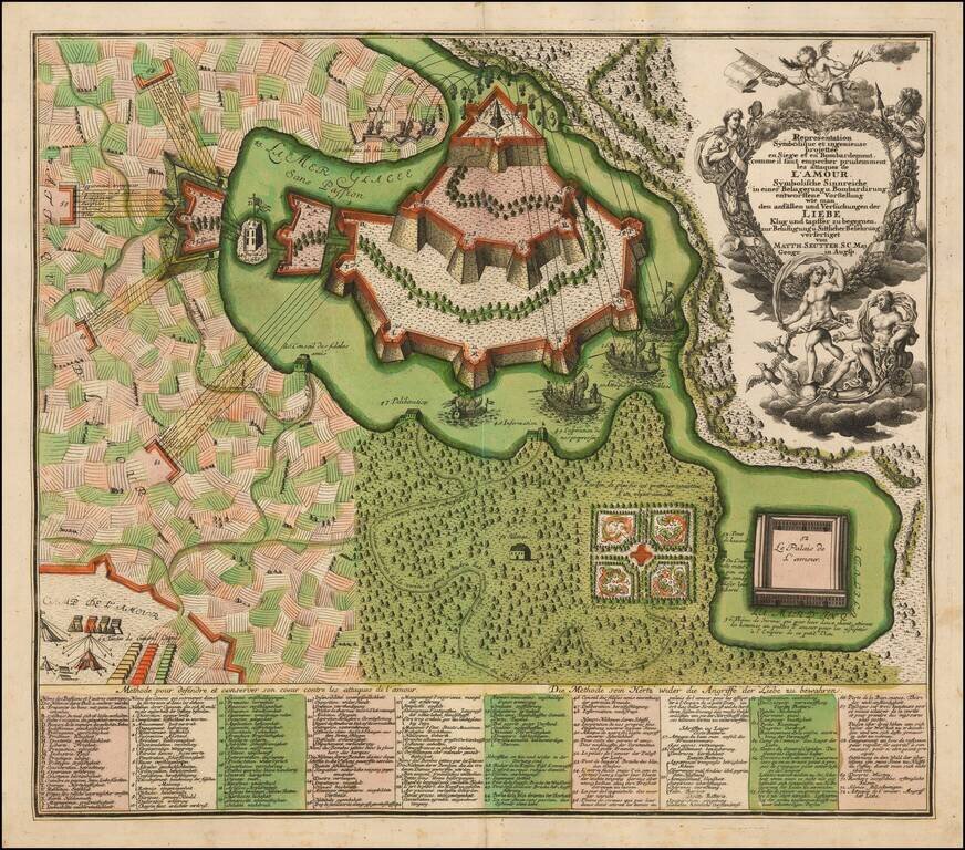 [Allegorical Map of Love!]  Representation Symbolique et ingenieuse projettée en Siege et en Bombardement, comme il faut empecher prudemment les attaques de L'amour.
