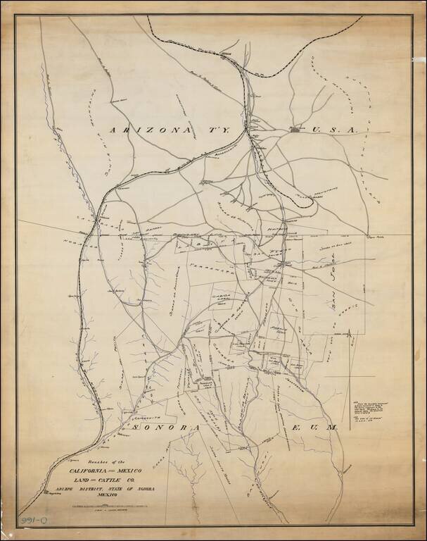 [Cochise County, Arizona Territory - Northern Sonora] Ranches of the California and Mexico Land and Cattle Co. Arizpe District, State of Sonoma Mexico