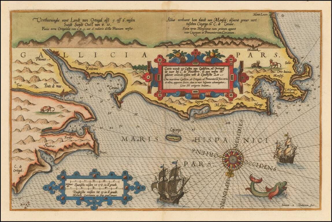 Caerte vande zee Custen van Galissien, va Ortugal tot voer bij C. de Finisterre . . .  en gedaente comende zeijlen … de Spaenshe Zee
