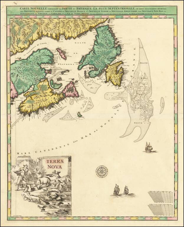 [Unique Extra-Illustrated Example!] Carte Nouvelle Contenant La Partie d'Amerique La Plus Septentrionale, . . . Le Canada ou Nouvelle France, La Nouvelle Ecosse, La Nouvelle Angleterre, Les Nouveau Pais Bas, La Pensylvanie . . . Et Jle. de Terre Neuve . .