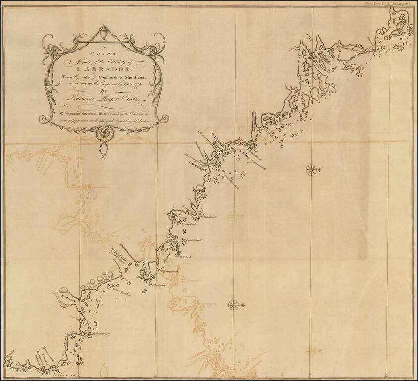 A Chart of part of the Country of Labrador Taken by order of Commodore Shuldham, in ta Tour up the Coast in the Year 1773.  By Lieutenant Roger Curtis.