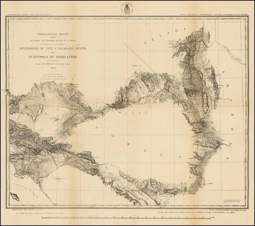 Topographical Sketch showing the Outward and Inward Route of A Party, while examining the practicability of a Diversion of the Colorado River . . .  1875