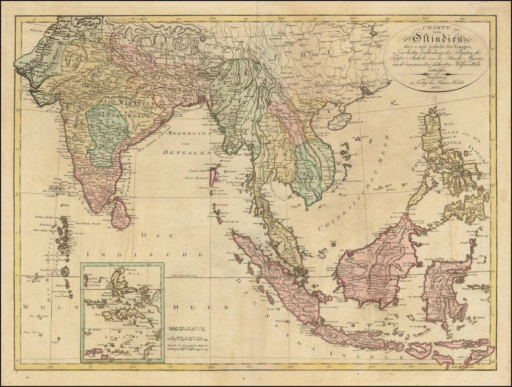 Charte von Ostindien dies- und jenseits des Ganges, u. der lezten Zertheilung der Staaten des Tippo - Sahebs oder des Reiches Mysore . . . 1805