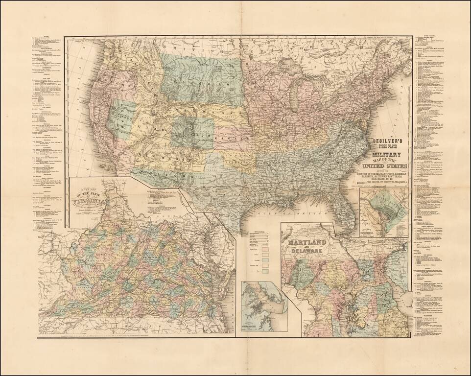 Desilver's Steel Plate Military Map of the United States Showing The Location of the Military Posts, Arsenals, Barracks, Batteries, Navy Yards, Rail Roads, &c. &c.