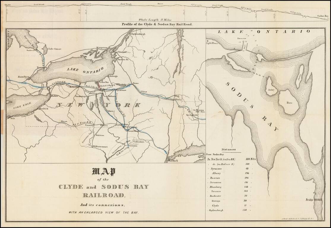 Map of the Clyde and Sodus Bay Railroad, and its connexions, with an enlarged view of the Bay.