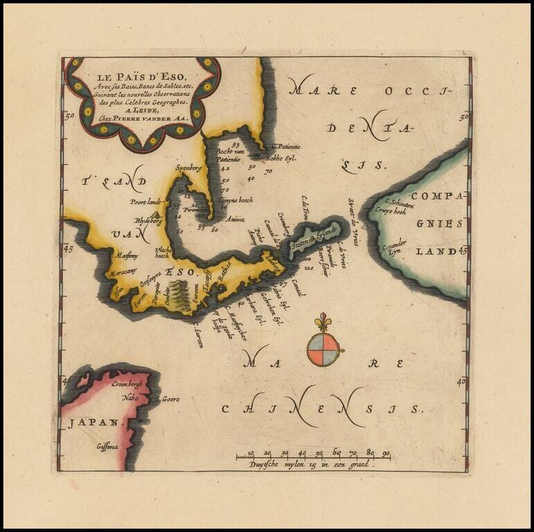 Le Pais d'Eso Avec ses Baies, Bancs de Sables, etc. Suivant les nouvelles Observations des plus Celebres Geographes. . .