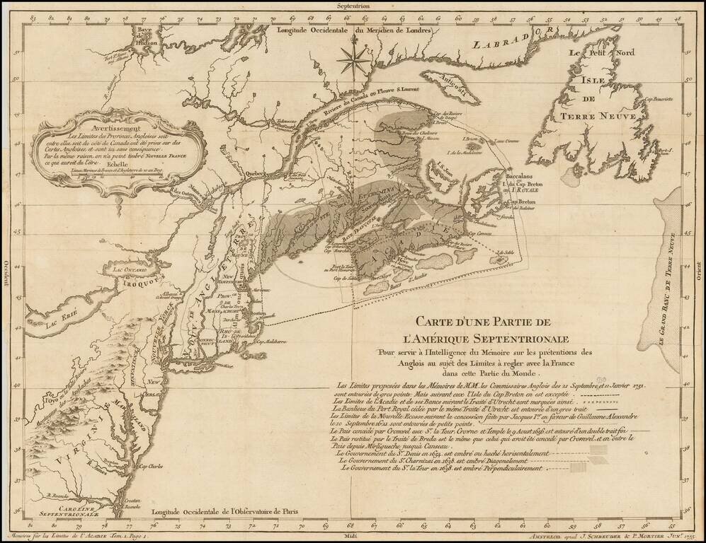 Carte D'Une Partie De L'Amerique Septentrionale Pour servir a L'Intelligence Du Memoire Sur Les Pretentions Des Anglois Au Suiet Des Limites A Regler Avec La France Dans Cette Partie Du Monde . . . 1755