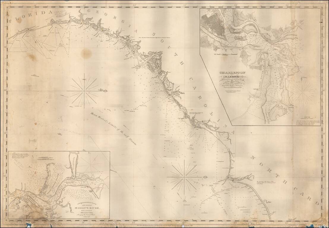 [Untitled Coast chart of North Carolina, South Carolina, Georgia, and Florida, with insets of the harbor of Charleston, S.C. and the entrance of the Saint Johns River]