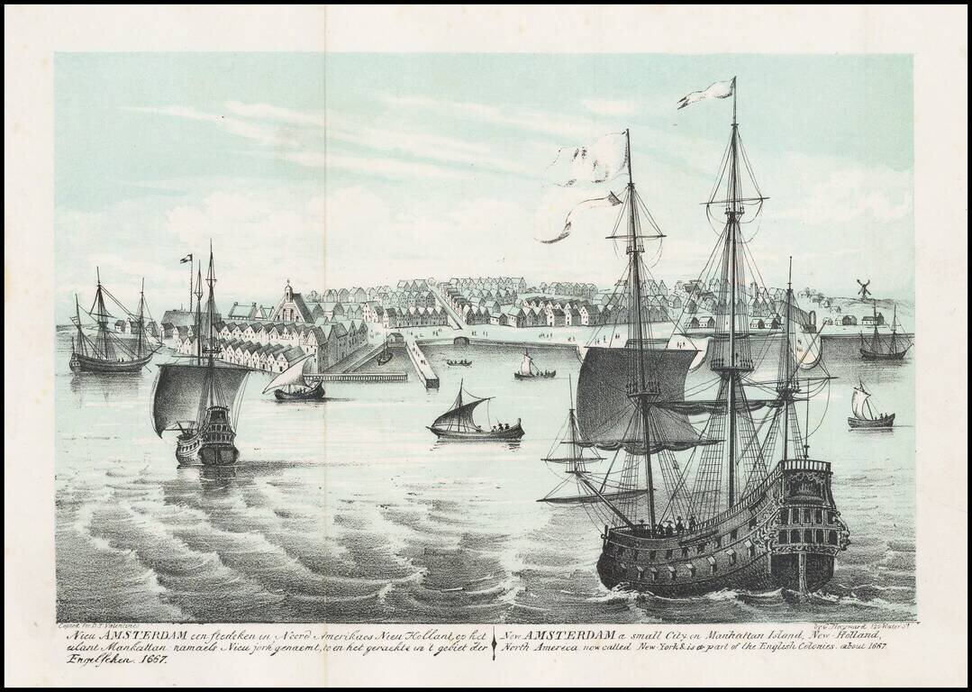 Nieu Amsterdam. . . New Amsterdam a small City on Manhattan Island, New-Holland, North America. now called New-York & is a part of the English Colonies. about 1667.