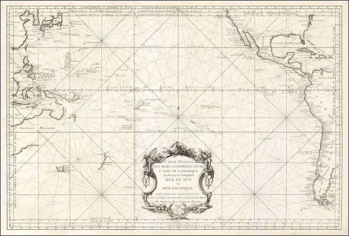 Carte Reduite Des Mers Comprises Entre L'Asie et L'Amerique Apelees par les Navigateurs Mer Du Sud ou Pacifique . . . 1742 Cette Carte a ete Corrigee en 1756.