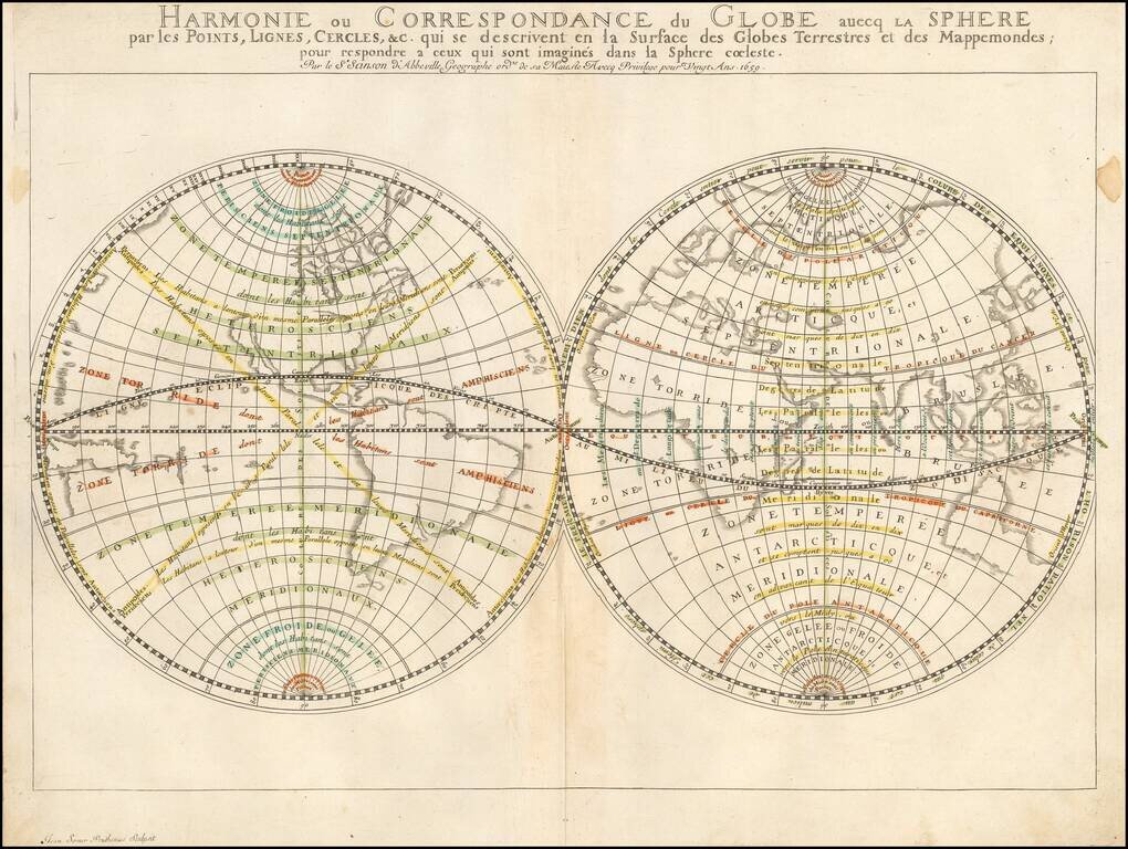 Harmonie ou Correspondance du Globe avecq la Sphere par les Points, Lignes, Cercles &c. qui se Descrivent en la Surface des Globes Terrestres . . .