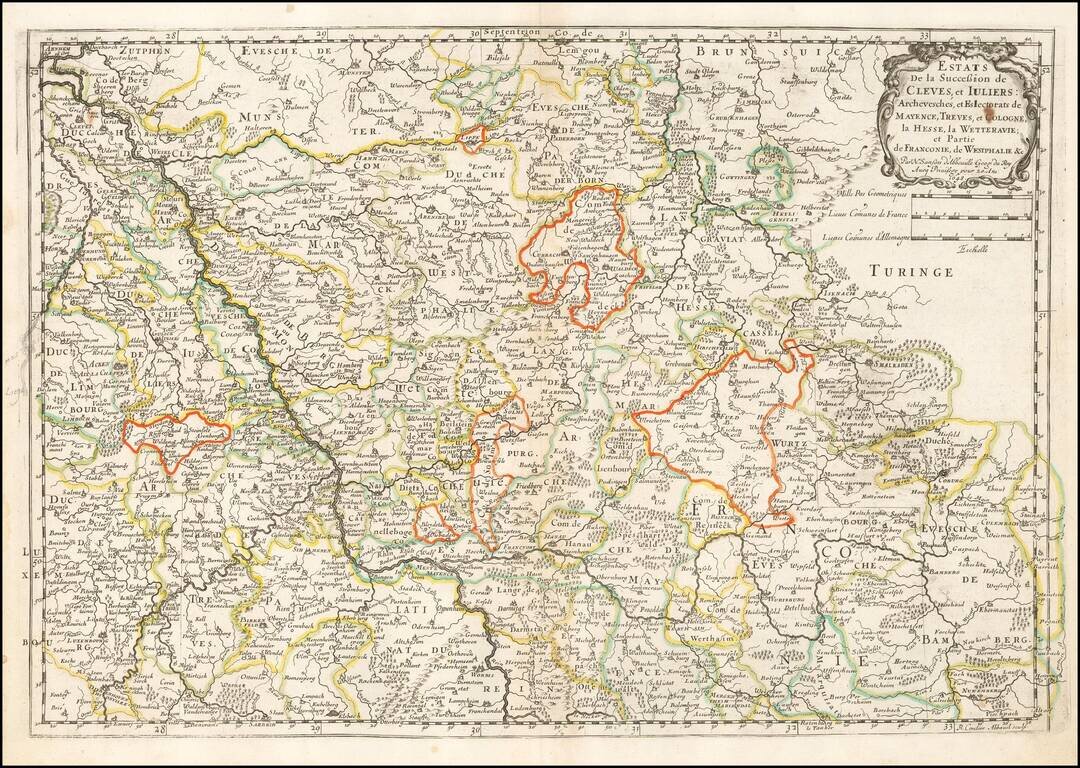 Estats de la succession de Cleves et Iuliers, archeveschés et eslectorats de Mayence, Treves et Cologne, la Hesse, la Wetteravie et partie de Franconie, de Westphalie... 1648.