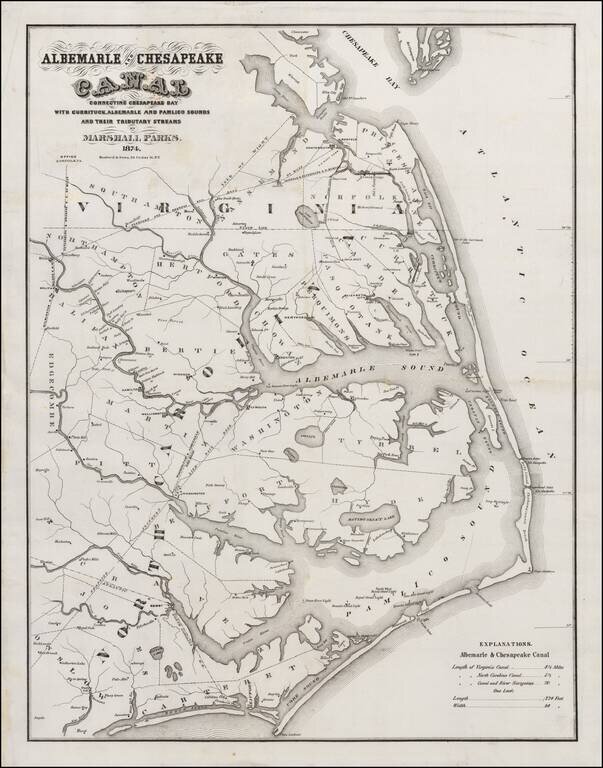 Albemarle and Chesapeake Canal Connecting Chesapeake Bay With Currituck, Albemarle And Pamlico Sounds And Their Tributory Streams  By Marshall Parks.  1874.