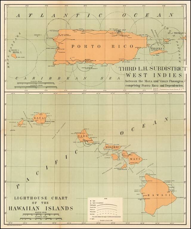 (Hawaii & Puerto Rico)  Lighthouse Chart of the Hawaiian Islands (and) Third L.H. District West Indies between Mona and Virgin Passages, comprising Porto Rico and Dependencies.