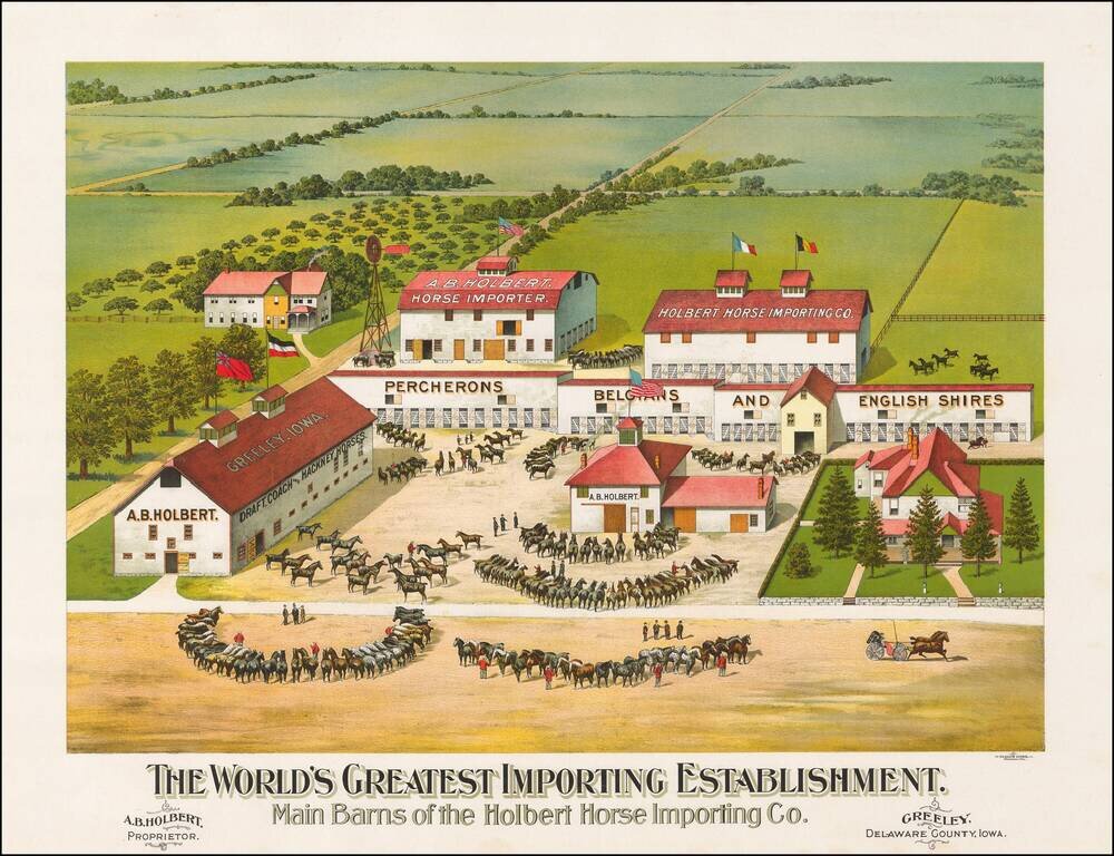 (Iowa -- Horse Breeding Farm) The World's Greatest Importing Establishment.  Main Barns of the Holbert House Importing Co.