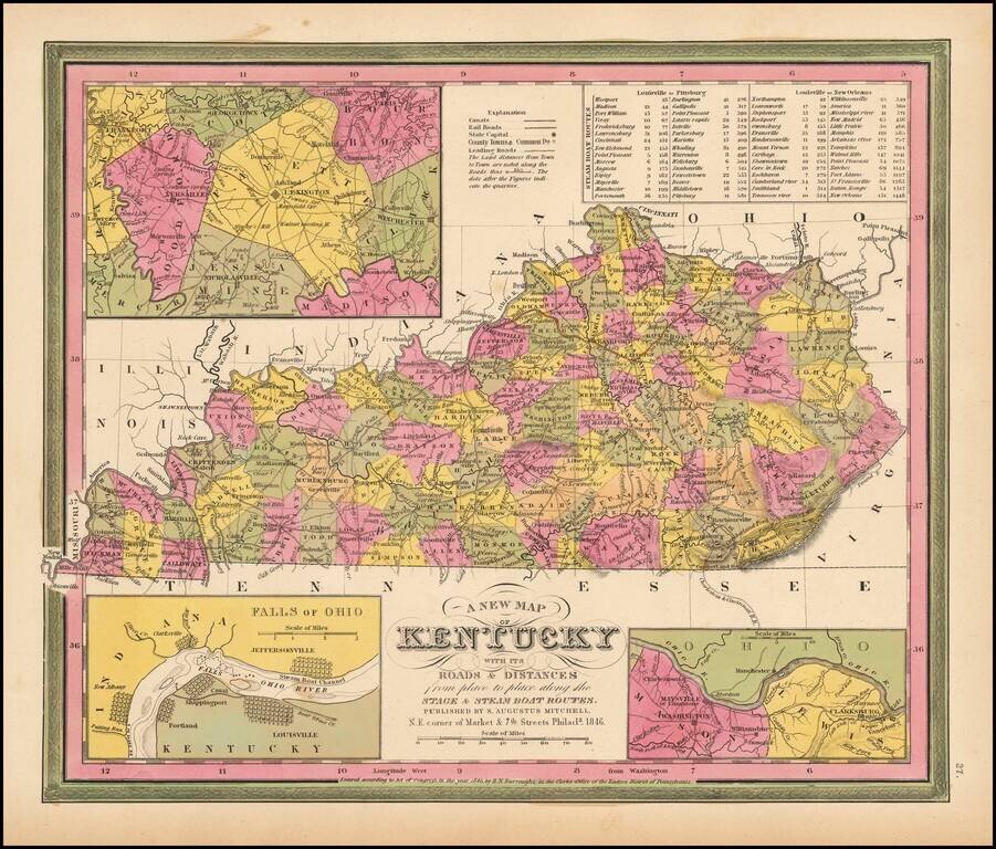 A New Map Of Kentucky with its Canals, Roads, Distances from Place to Place, along the Stage & Steam Boat Routes…