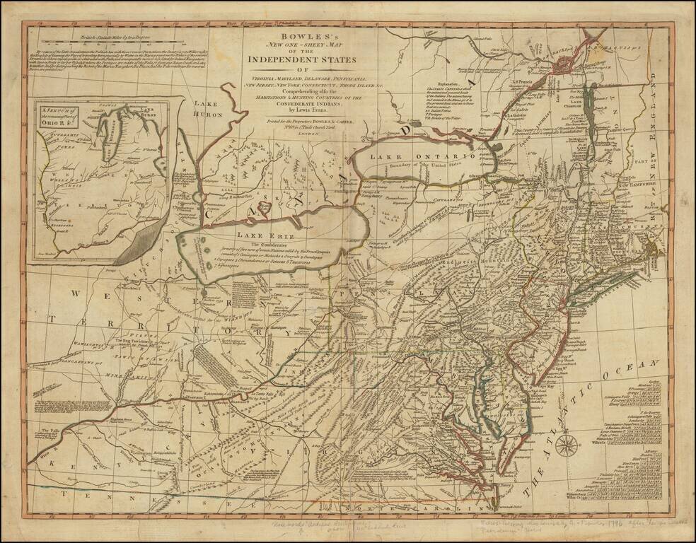Bowles's New One-Sheet Map of the Independent States of Virginia, Maryland, Delaware, Pensylvania, New Jersey, New York, Connecticut & Rhode Island. &c. Comprehending also the Habitation & Hunting Countries of the Confederate Indians;  by Lewis Evans.