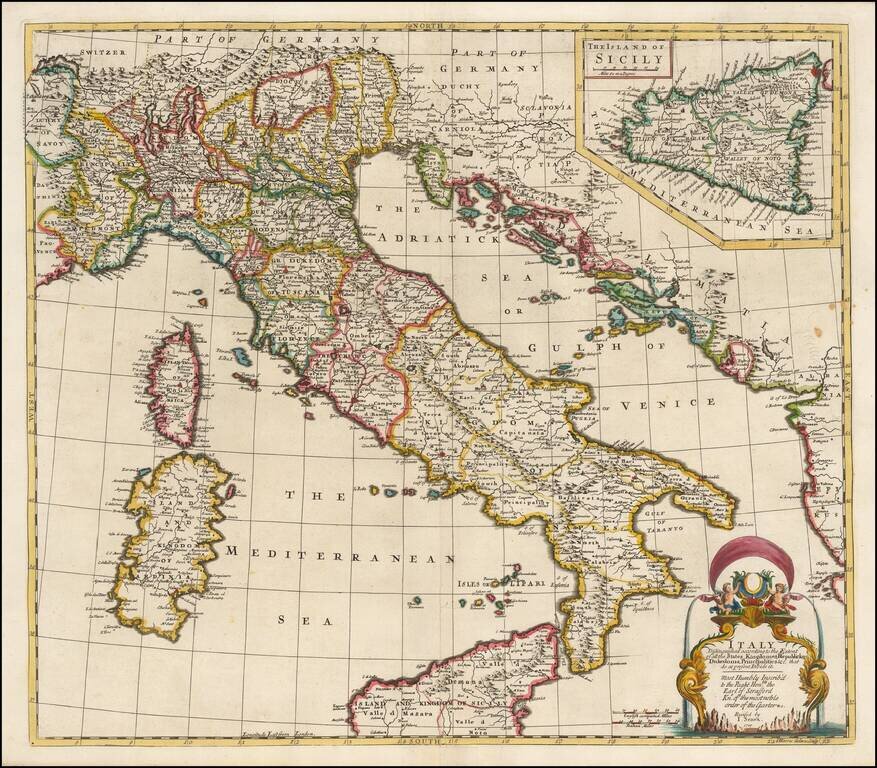 Italy.  Distinguished according to the Extent of all the States, Kindomes, Republickes, Dukedomes, Principalities &c. that do at present divide it.  Most Humbly Inscribed to the Right Honble. the Earl of Stafford . . . 1719
