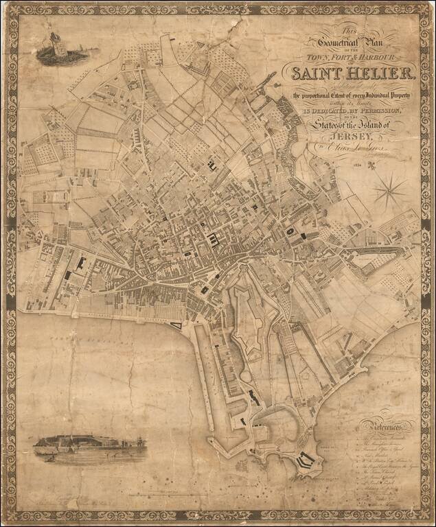 This Geometrical Plan of the Town, Fort & Harbour of Saint Helier, Exhibiting at sight the proportional Extent of every Individual Property within its Limits, is Dedicated, By Permission, To States of the Island of Jersey, By Elias Le Gros, Civil Engineer