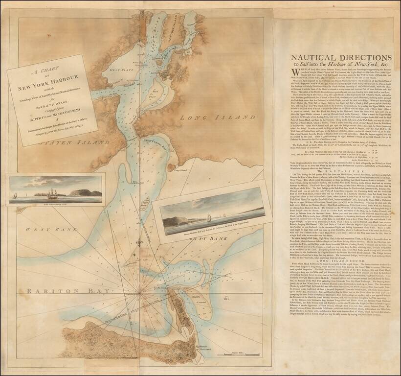 A Chart of New York Harbour with the Soundings Views of Land Marks and Nautical directions for the Use of Pilotage. Composed from Surveys and Observations of Lieutenants Johyn Knight, John Huntar of the Navy & Others . . . 1779  (with Sailing Directions S