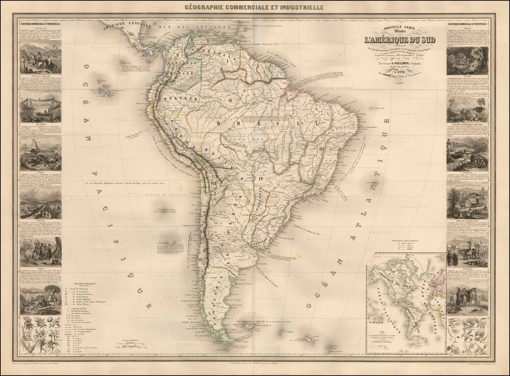 Nouvelle Carte Illustree De L'Amerique Du Sud Indiquant Les Grandes Divisions Physiques, La Distribution Geographique Des Vegetaux Et Mineraux . . . 1857
