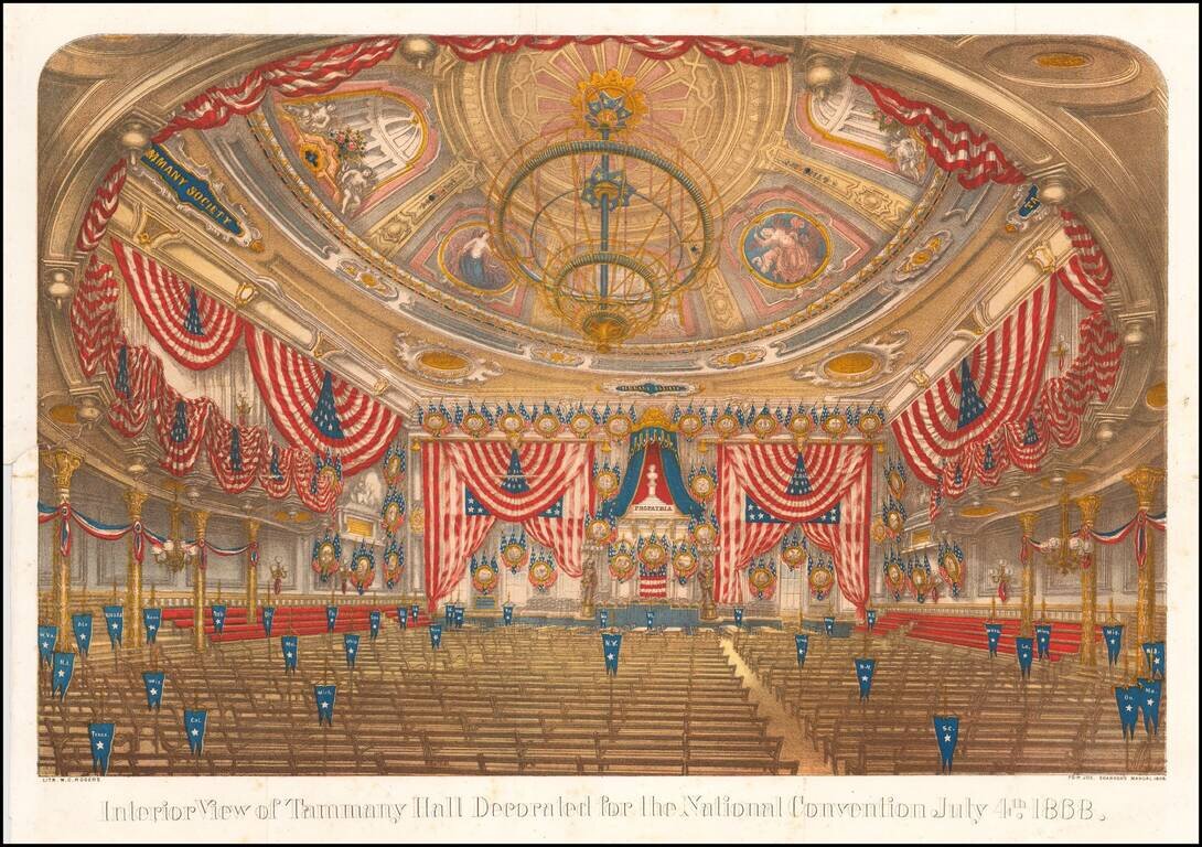 Interior view of Tammany Hall, decorated for the National Convention July 4th, 1868.