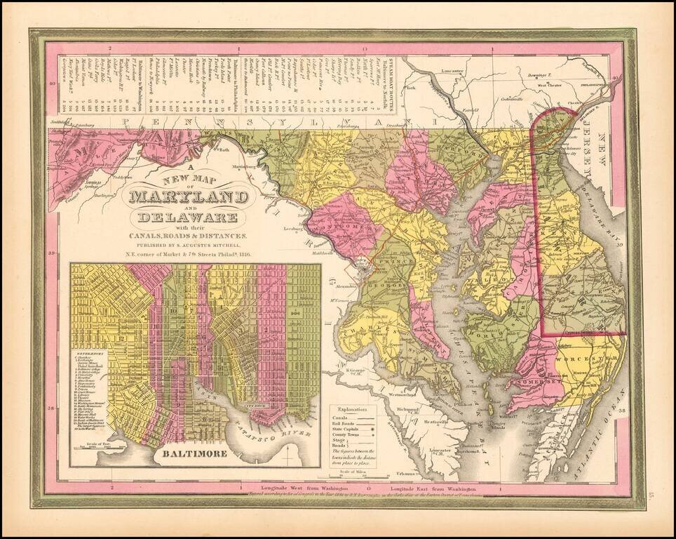 A New Map Of Maryland and Delaware with their Canals, Roads, Distances . . . 1847