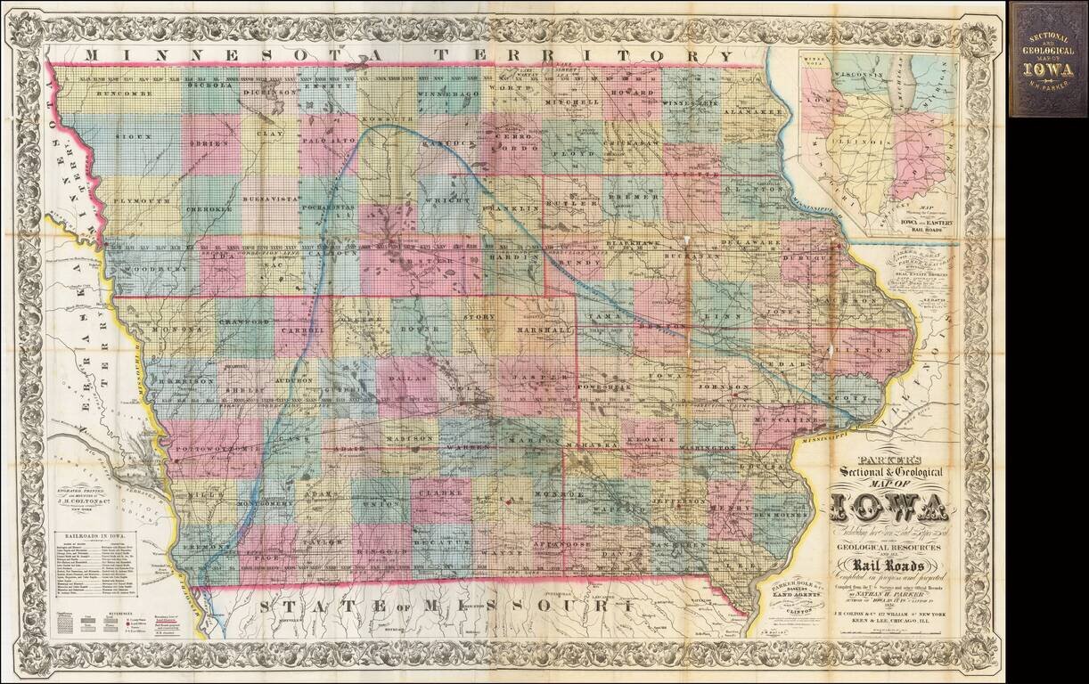 Parker's Sectional & Geological Map of Iowa  Exhibiting her Iron Lead Copper Coal and other Geological Resources and all Rail Roads Completed in progress and projected . . . 1856