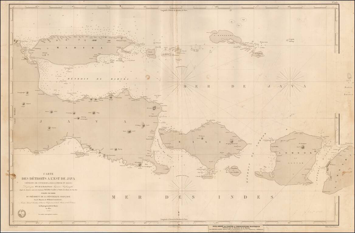 Carte des Detroits a l'est de Java (Detroits de Surabay, Bali, Lombok et Allas) Dressee par Mr. J. De la Roche-Poncie Ingenieur Hydrographie d'apres les dernieres cartes de Lieutenants Melville de Carnbee et Smits de la Marine des Pays Bas . . . 1850